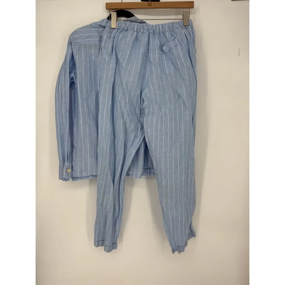 The Sleep Code Pajama Set Striped Linen Long PJ Blue White Size Small S